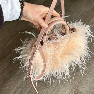 NWOT J. Lowery Pink Ostrich Feather and Leather Handbag